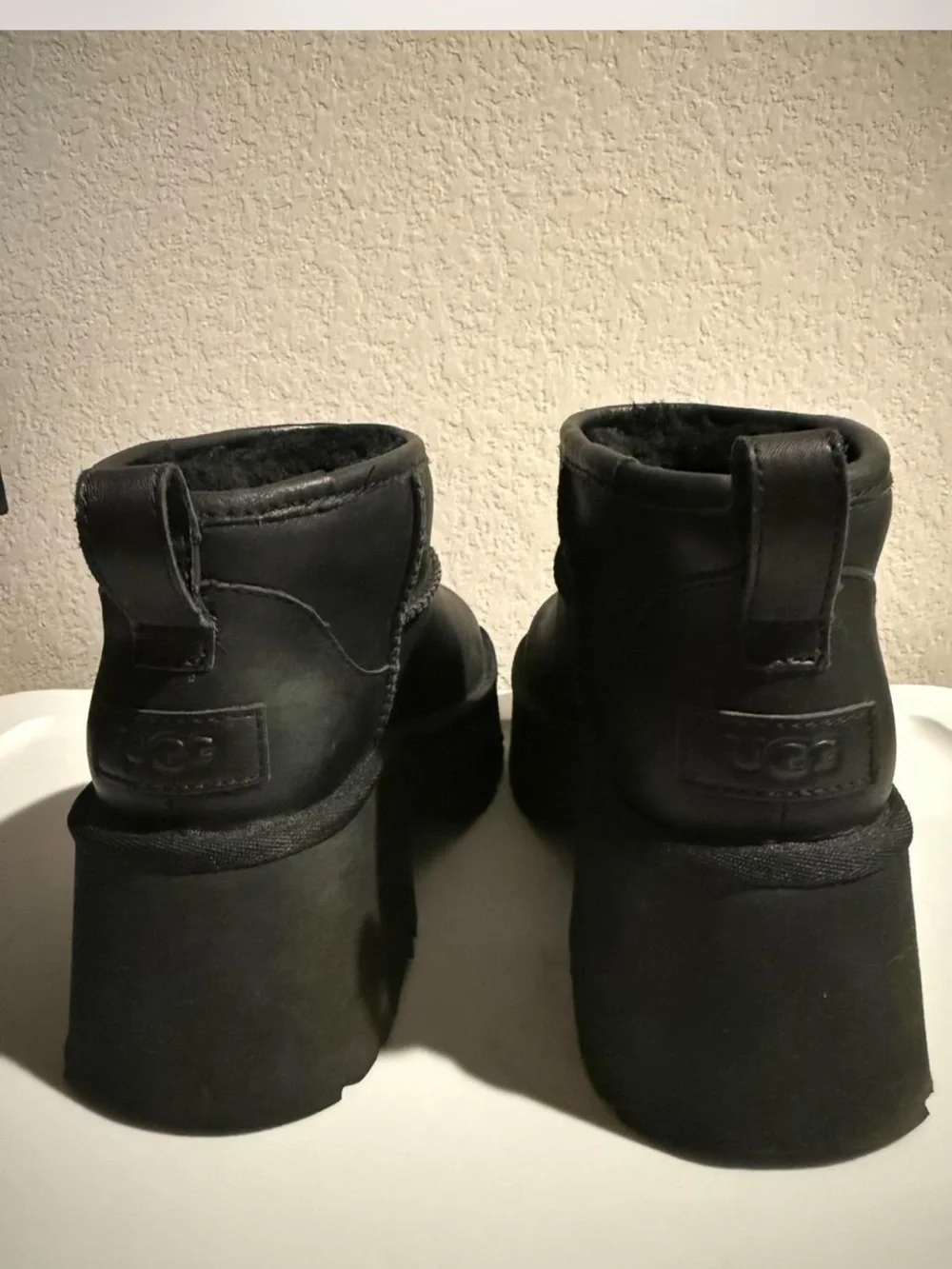 UGG Black Leather New Heights Platform Ankle Booties